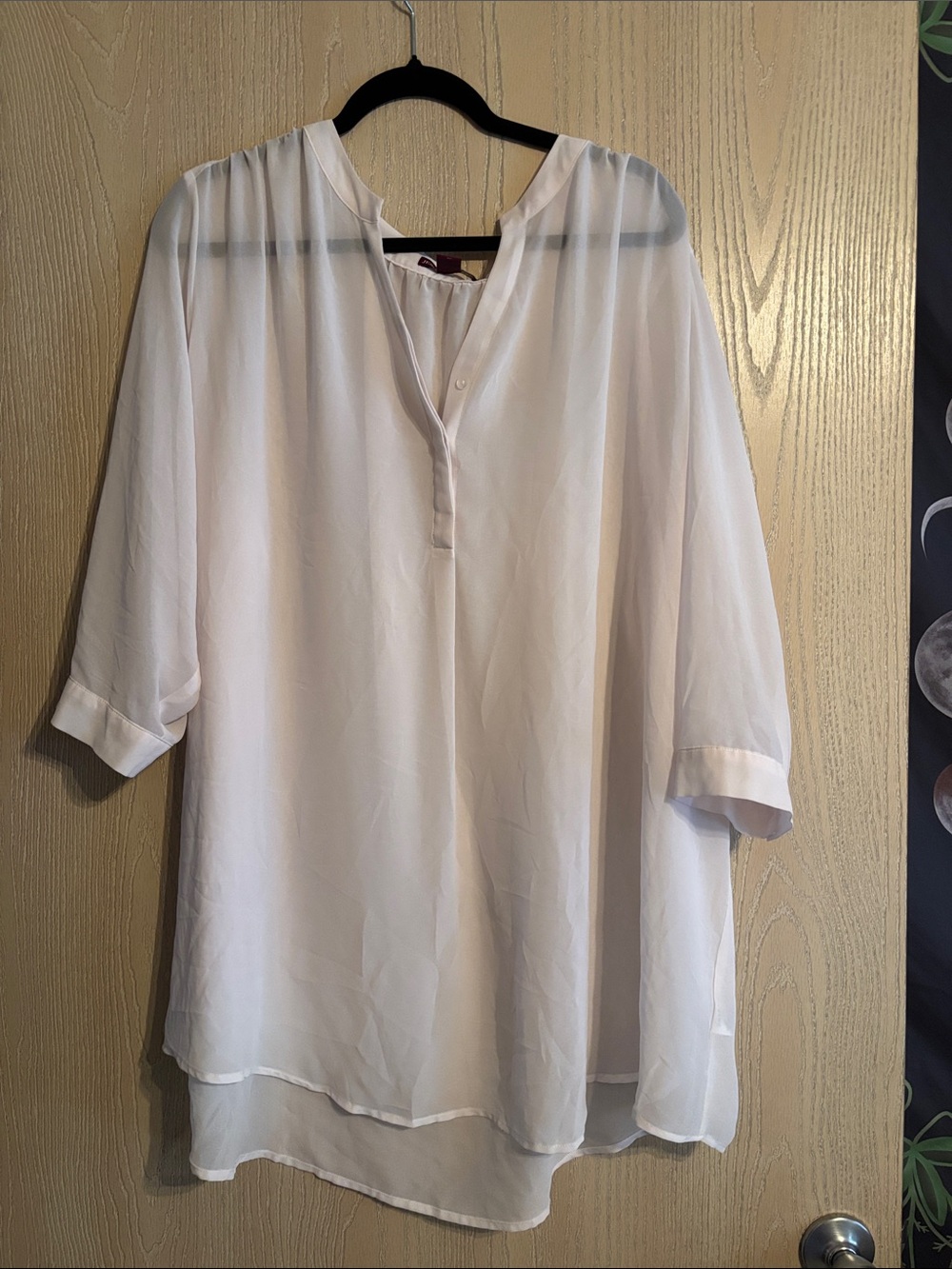 Jessica London White Sheer Split-Neck Tunic w/ 3/4 length sleeves.